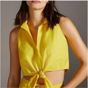 NWT Anthropologie Maeve Yellow Tie Front Cropped Button up Retro Shirt Top 8 M